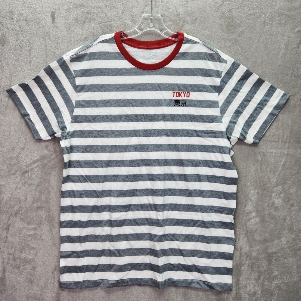 Neon Riot Tokyo Striped T-Shirt Mens Medium Gray White Red Urban Outfitters New‎